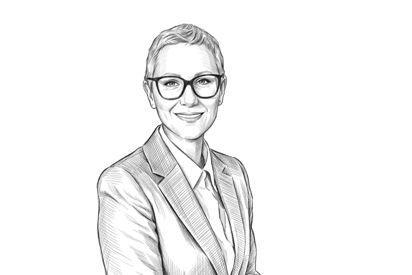 Detailed black‑and‑white sketch of a woman in glasses, dressed in a suit and tie, facing slightly to the side