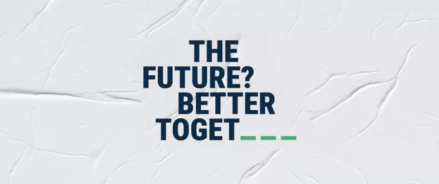 Textured white background with bold blue lettering reading ‘THE FUTURE? BETTER TOGET___’, with the final word intentionally incomplete to highlight the absence of ‘HER’.
