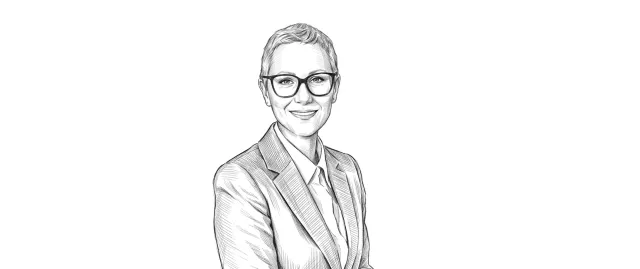 Detailed black‑and‑white sketch of a woman in glasses, dressed in a suit and tie, facing slightly to the side